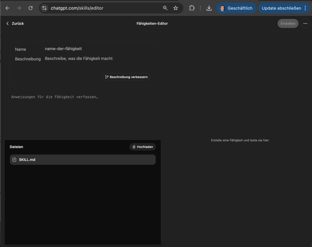 ChatGPT - Skills erstellen und bearbeiten im integrierten Editor
